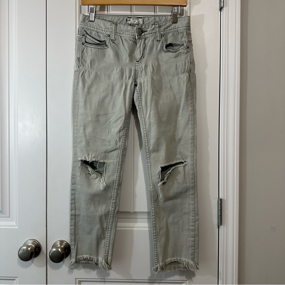 Free People Distressed Cropped Jeans in Light Sage